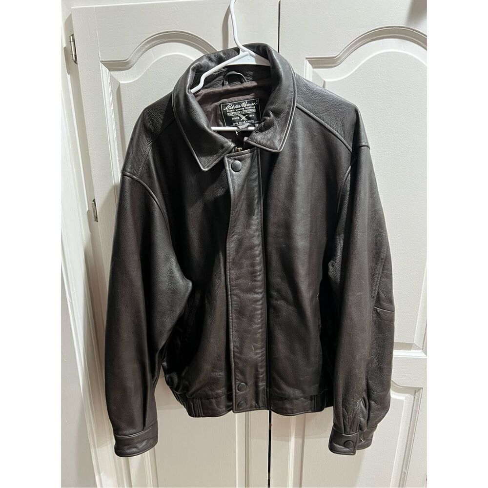 Vintage Eddie Bauer Men's BROWN Genuine Leather Bomber Jacket Size XL